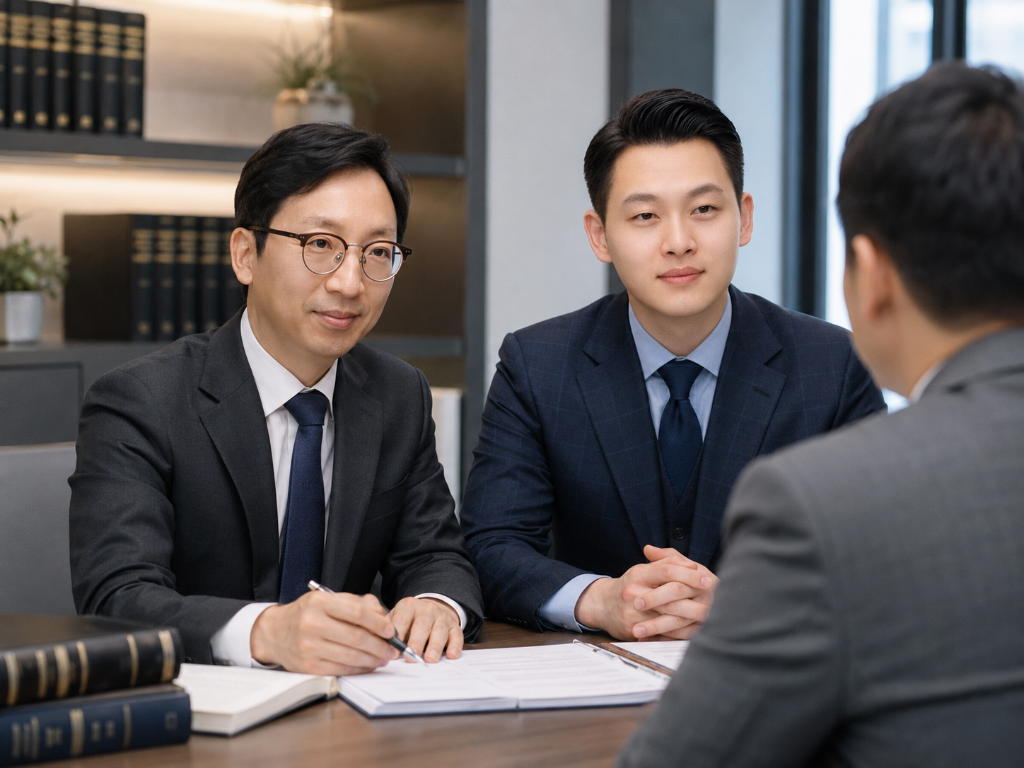 강영상 변호사와 박욱진 변호사가 의뢰인의 이야기를 듣고 자료를 검토하는 모습
